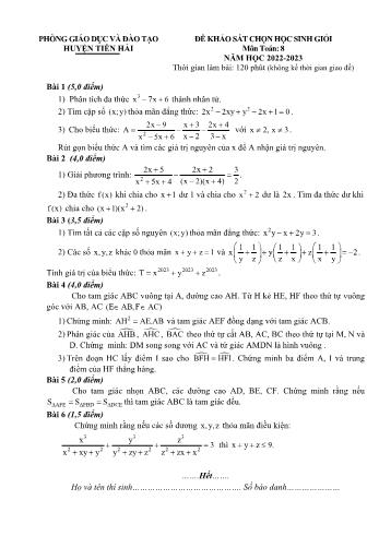 Đề khảo sát học sinh giỏi môn Toán Lớp 8 - Năm học 2022-2023 - Phòng GD và ĐT Tiền Hải (Có đáp án)