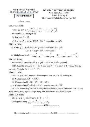 Đề khảo sát học sinh giỏi môn Toán Lớp 8 - Năm học 2022-2023 - Phòng GD và ĐT huyện Phúc Thọ (Có đáp án)