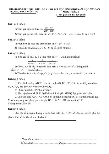 Đề khảo sát học sinh giỏi môn Toán Lớp 8 - Năm học 2023-2024 - Trường THCS Phúc Thọ (Có đáp án)