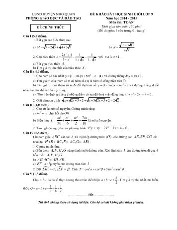 Đề khảo sát học sinh giỏi môn Toán Lớp 9 - Năm học 2014-2015 - Phòng GD và ĐT Nho Quan (Có đáp án)
