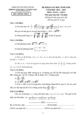 Đề khảo sát học sinh giỏi môn Toán Lớp 9 - Năm học 2022-2023 - Sở GD và ĐT Kim Thành (Có đáp án)