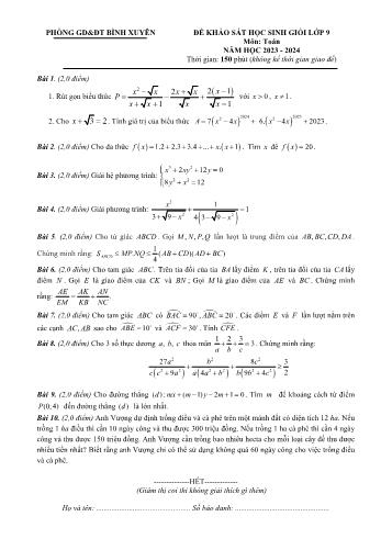 Đề khảo sát học sinh giỏi môn Toán Lớp 9 - Năm học 2023-2024 - Phòng GD và ĐT Bình Xuyên (Có đáp án)