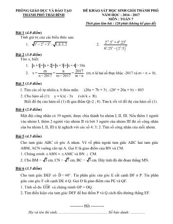 Đề khảo sát học sinh giỏi Thành phố môn Toán Lớp 7 - Năm học 2016-2017 - Phòng GD và ĐT Thành phố Thái Bình (Có đáp án)