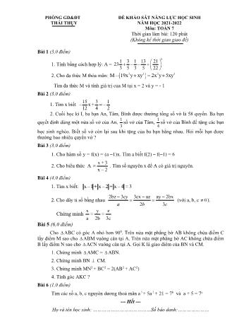 Đề khảo sát năng lực học sinh môn Toán Lớp 7 - Năm học 2021-2022 - Phòng GD và ĐT Thái Thụy (Có đáp án)