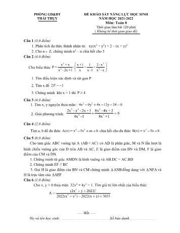 Đề khảo sát năng lực học sinh môn Toán Lớp 8 - Năm học 2021-2022 - Phòng GD và ĐT Thái Thụy (Có đáp án)