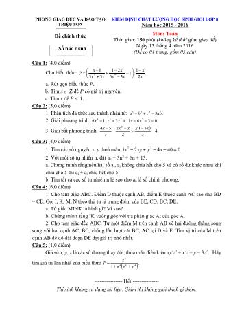 Đề kiểm định chất lượng học sinh giỏi môn Toán Lớp 8 - Năm học 2015-2016 - Phòng GD và ĐT Triệu Sơn (Có đáp án)