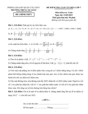 Đề kiểm tra Câu lạc bộ văn hóa môn Toán Lớp 7 năm 2023 - Trường THCS Cầu Giấy (Có đáp án)