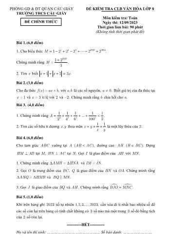 Đề kiểm tra Câu lạc bộ văn hóa môn Toán Lớp 8 - Năm học 2023-2024 - Trường THCS Cầu Giấy (Có đáp án)