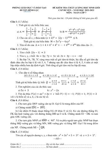 Đề kiểm tra chất lượng học sinh giỏi cấp huyện môn Toán Lớp 7 - Năm học 2022-2023 - Phòng GD và ĐT Bình Lục (Có đáp án)