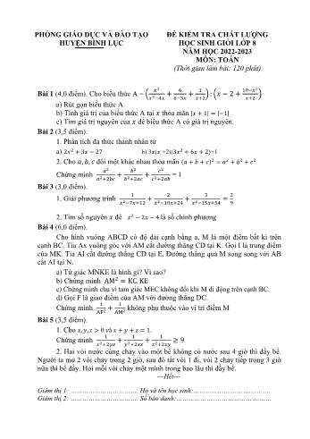 Đề kiểm tra chất lượng học sinh giỏi môn Toán Lớp 8 - Năm học 2022-2023 - Phòng GD và ĐT Bình Lục (Có đáp án)