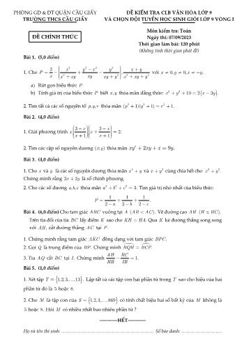 Đề kiểm tra CLB văn hóa và chọn đội tuyển học sinh giỏi vòng 1 môn Toán Lớp 9 - Năm học 2023-2024 - Trường THCS Cầu Giấy (Có đáp án)