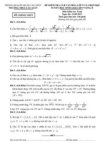 Đề kiểm tra CLB văn hóa và chọn đội tuyển học sinh giỏi vòng 2 môn Toán Lớp 9 - Năm học 2023-2024 - Trường THCS Cầu Giấy (Có đáp án)