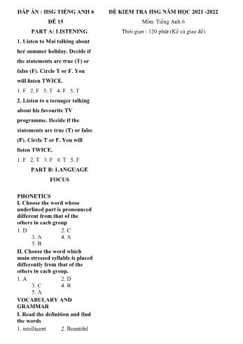 Đề kiểm tra học sinh giỏi môn Tiếng Anh Lớp 6 - Đề số 15 - Năm học 2021-2022 (Có đáp án)