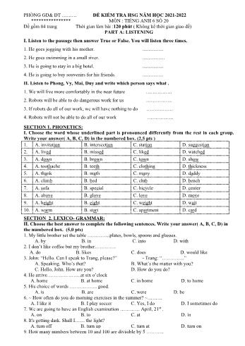 Đề kiểm tra học sinh giỏi môn Tiếng Anh Lớp 6 - Đề số 20 - Năm học 2021-2022 (Có đáp án)