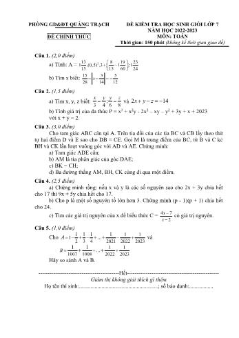 Đề kiểm tra học sinh giỏi môn Toán Lớp 7 - Năm học 2022-2023 - Phòng GD và ĐT Quảng Trạch (Có đáp án)