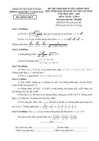Đề thi chọn đội tuyển học sinh giỏi dự thi cấp tỉnh môn Toán Lớp 9 - Năm học 2022-2023 - Phòng GD và ĐT Kim Thành (Có đáp án)