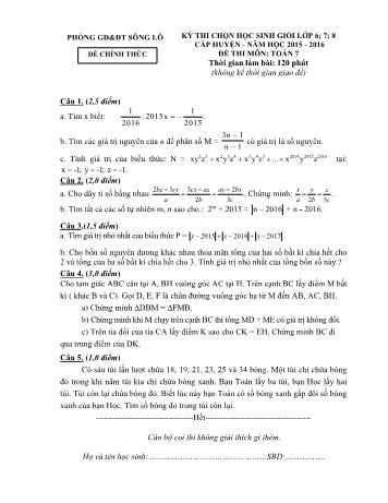 Đề thi chọn học sinh giỏi cấp huyện môn Toán Lớp 7 - Năm học 2015-2016 - Phòng GD và ĐT Sông Lô (Có đáp án)