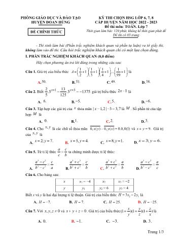 Đề thi chọn học sinh giỏi cấp huyện môn Toán Lớp 7 - Năm học 2022-2023 - Phòng GD và ĐT Đoan Hùng (Có đáp án)