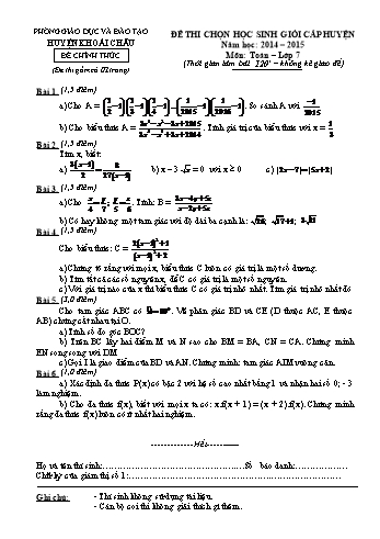 Đề thi chọn học sinh giỏi cấp huyện môn Toán Lớp 7 - Năm học 2014-2015 - Phòng GD và ĐT Khoái Châu (Có đáp án)