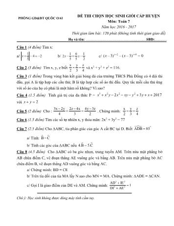 Đề thi chọn học sinh giỏi cấp huyện môn Toán Lớp 7 - Năm học 2016-2017 - Phòng GD và ĐT Quốc Oai (Có đáp án)