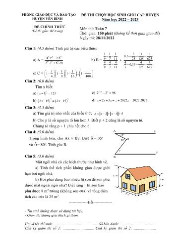 Đề thi chọn học sinh giỏi cấp huyện môn Toán Lớp 7 - Năm học 2022-2023 - Phòng GD và ĐT Yên Bình (Có đáp án)