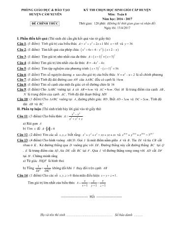 Đề thi chọn học sinh giỏi cấp huyện môn Toán Lớp 8 - Năm học 2016-2017 - Phòng GD và ĐT Cẩm Xuyên