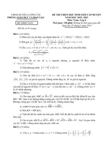 Đề thi chọn học sinh giỏi cấp huyện môn Toán Lớp 8 - Năm học 2022-2023 - Phòng GD và ĐT Lương Tài (Có đáp án)
