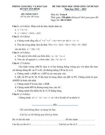Đề thi chọn học sinh giỏi cấp huyện môn Toán Lớp 8 - Năm học 2022-2023 - Phòng GD và ĐT Yên Bình (Có đáp án)