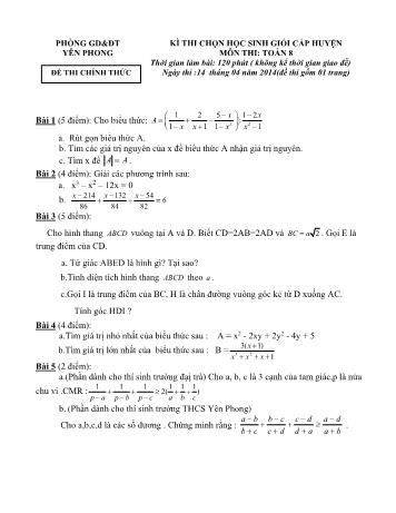 Đề thi chọn học sinh giỏi cấp huyện môn Toán Lớp 8 - Năm học 2013-2014 - Phòng GD và ĐT Yên Phong (Có đáp án)