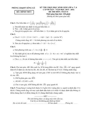 Đề thi chọn học sinh giỏi cấp huyện môn Toán Lớp 8 - Năm học 2015-2016 - Phòng GD và ĐT Sông Lô (Có đáp án)