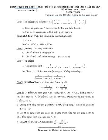 Đề thi chọn học sinh giỏi cấp huyện môn Toán Lớp 8 - Năm học 2019-2020 - Phòng GD và ĐT Lập Thạch (Có đáp án)