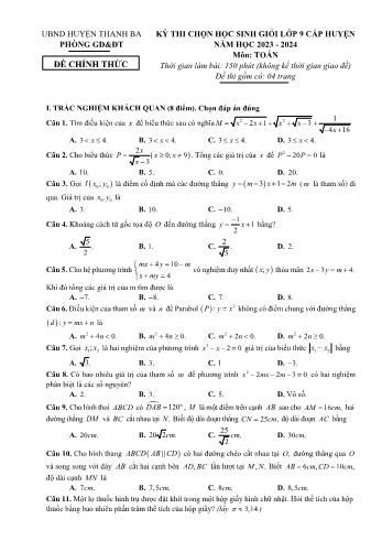 Đề thi chọn học sinh giỏi cấp huyện môn Toán Lớp 9 - Năm học 2023-2024 - Phòng GD và ĐT Thanh Ba (Có đáp án)