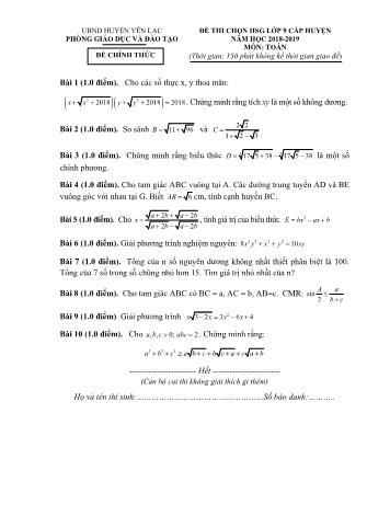 Đề thi chọn học sinh giỏi cấp huyện môn Toán Lớp 9 - Năm học 2018-2019 - Phòng GD và ĐT Yên Lạc (Có đáp án)