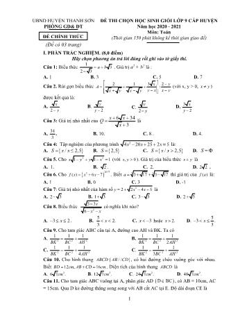 Đề thi chọn học sinh giỏi cấp huyện môn Toán Lớp 9 - Năm học 2020-2021 - Phòng GD và ĐT Thanh Sơn (Có đáp án)