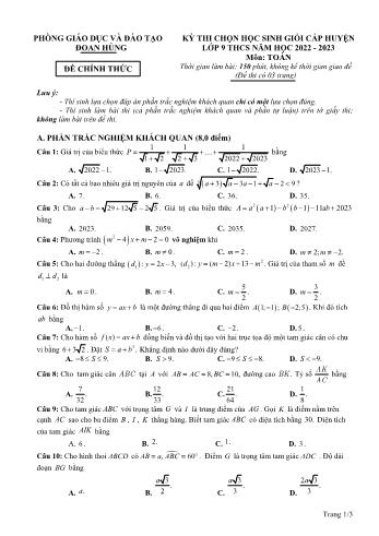 Đề thi chọn học sinh giỏi cấp huyện môn Toán Lớp 9 - Năm học 2022-2023 - Phòng GD và ĐT Đoan Hùng (Có đáp án)