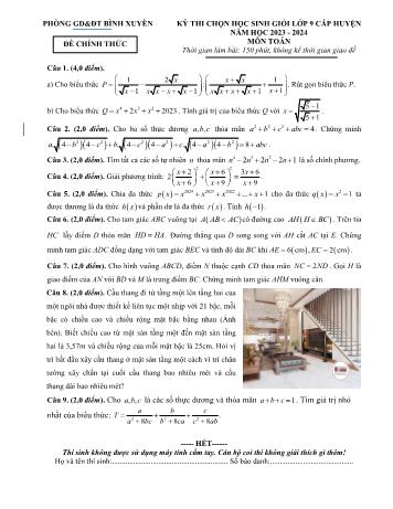Đề thi chọn học sinh giỏi cấp huyện môn Toán Lớp 9 - Năm học 2023-2024 - Phòng GD và ĐT Bình Xuyên (Có đáp án)