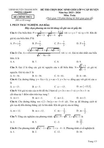 Đề thi chọn học sinh giỏi cấp huyện môn Toán Lớp 9 - Năm học 2023-2024 - Phòng GD và ĐT Thanh Sơn (Có đáp án)