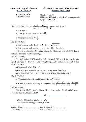 Đề thi chọn học sinh giỏi cấp huyện môn Toán Lớp 9 - Năm học 2022-2023 - Phòng GD và ĐT Yên Bình (Có đáp án)