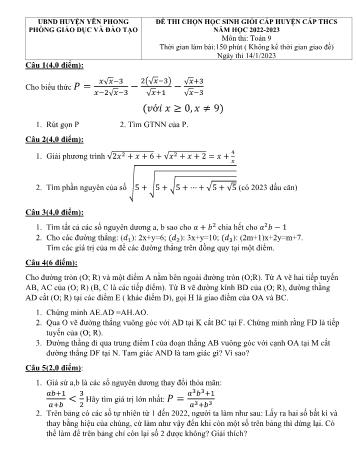 Đề thi chọn học sinh giỏi cấp huyện môn Toán Lớp 9 - Năm học 2022-2023 - Phòng GD và ĐT Yên Phong