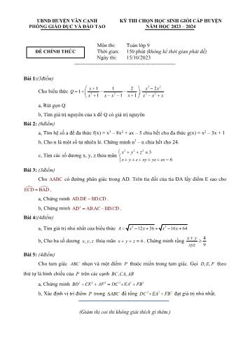 Đề thi chọn học sinh giỏi cấp huyện môn Toán Lớp 9 - Năm học 2023-2024 - Phòng GD và ĐT Vân Canh (Có đáp án)