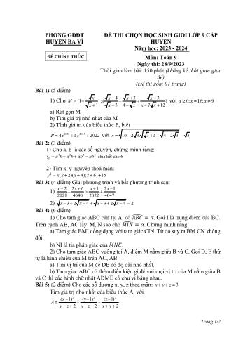 Đề thi chọn học sinh giỏi cấp huyện môn Toán Lớp 9 - Năm học 2023-2024 - Phòng GD và ĐT Ba Vì (Có đáp án)