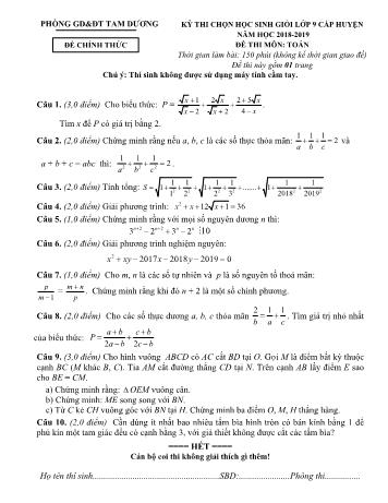 Đề thi chọn học sinh giỏi cấp huyện môn Toán Lớp 9 - Năm học 2018-2019 - Phòng GD và ĐT Tam Dương (Có đáp án)