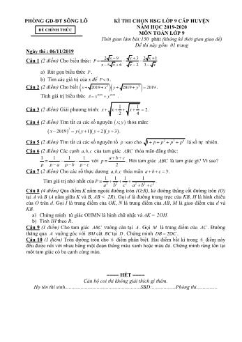 Đề thi chọn học sinh giỏi cấp huyện môn Toán Lớp 9 - Năm học 2019-2020 - Phòng GD và ĐT Sông Lô (Có đáp án)