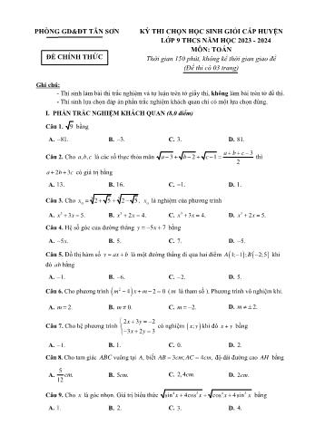 Đề thi chọn học sinh giỏi cấp huyện môn Toán Lớp 9 - Năm học 2023-2024 - Phòng GD và ĐT Tân Sơn
