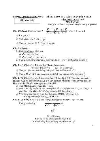 Đề thi chọn học sinh giỏi cấp huyện môn Toán Lớp 9 - Năm học 2018-2019 - Phòng GD và ĐT Con Cuông (Có đáp án)
