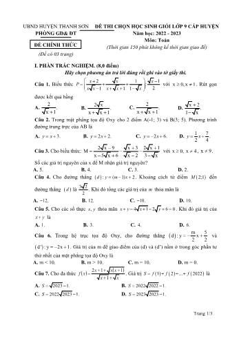 Đề thi chọn học sinh giỏi cấp huyện môn Toán Lớp 9 - Năm học 2022-2023 - Phòng GD và ĐT Thanh Sơn (Có đáp án)