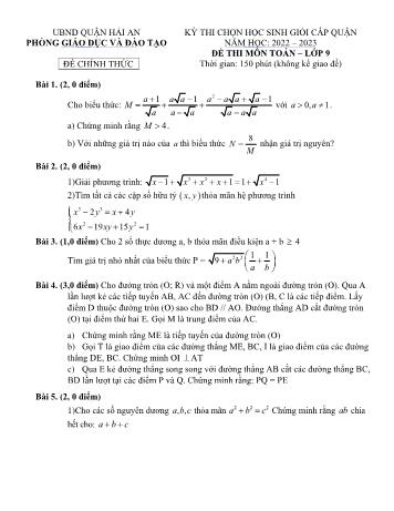 Đề thi chọn học sinh giỏi cấp Quận môn Toán Lớp 9 - Năm học 2022-2023 - Sở GD và ĐT Hải An (Có đáp án)
