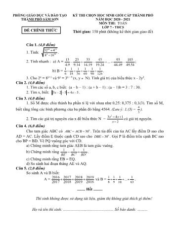 Đề thi chọn học sinh giỏi cấp Thành phố môn Toán Lớp 7 - Năm học 2020-2021 - Phòng GD và ĐT Thành phố Sầm Sơn (Có đáp án)