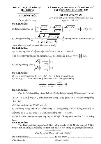 Đề thi chọn học sinh giỏi cấp Thành phố môn Toán Lớp 9 - Năm học 2022-2023 - Sở GD và ĐT Hải Phòng (Có đáp án)