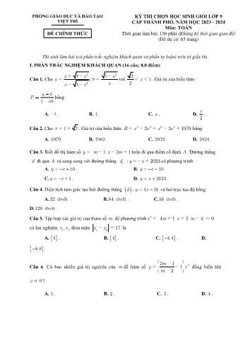 Đề thi chọn học sinh giỏi cấp Thành phố môn Toán Lớp 9 - Năm học 2023-2024 - Phòng GD và ĐT Việt Trì (Có đáp án)
